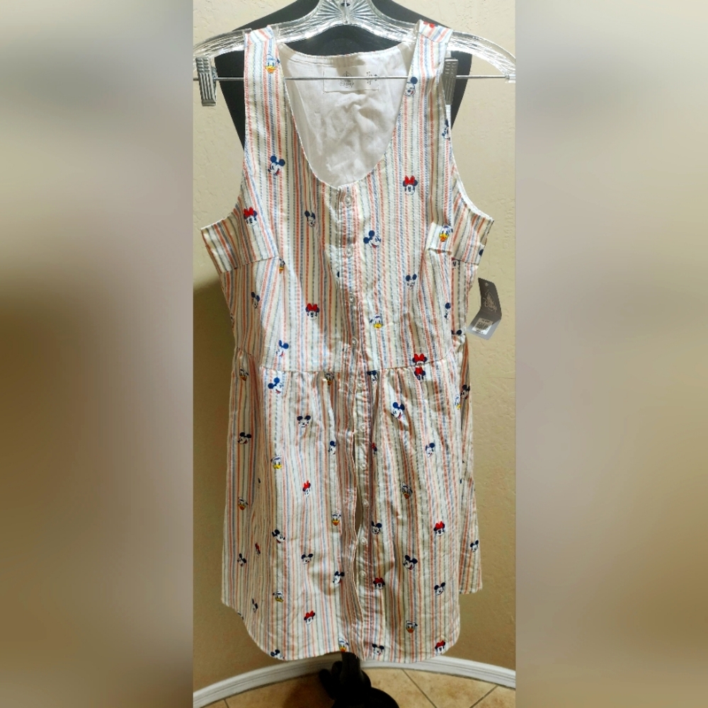 Disney Striped Sleeveless Button Summer Dress w Mickey Minnie Face Accents NWT M